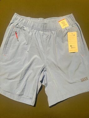 Saxx Light Blue Athletic Shorts with Red Zip Pull